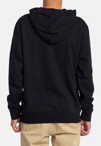 Black hooded sweatshirt with long sleeves and a relaxed fit; features a kangaroo pocket and ribbed cuffs and hem. Soft cotton blend material.