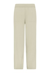 Beiget rentouttavat housut, joissa on joustava vyötärönauha ja etutaskut, suunniteltu rentoon käyttöön.