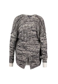 Pull en maille avec un motif texturé et chiné en gris et crème. Il présente un col large, des épaules tombantes et des fentes sur les côtés.