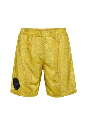 Gele zwemshorts met een abstract wit geometrisch patroon, elastische tailleband en een ronde zwarte logo patch aan de linkerkant.