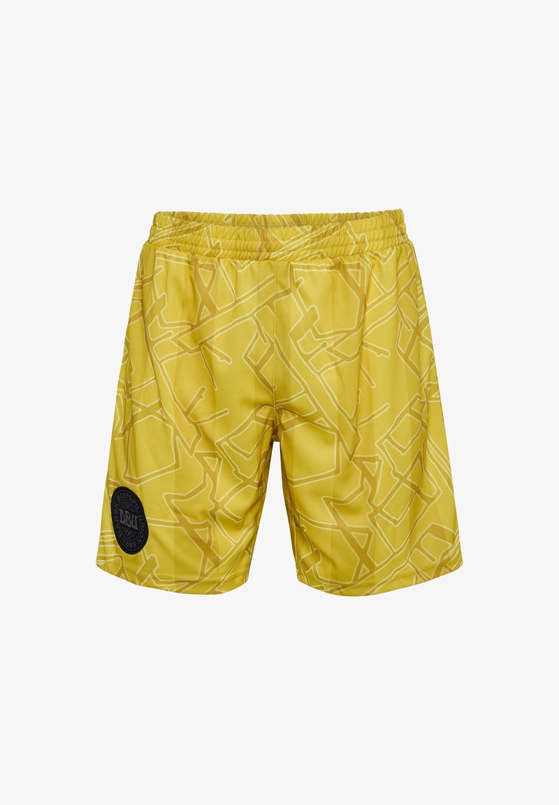 Gula badbyxor med ett abstrakt vitt geometriskt mönster, elastisk midja och en rund svart logopatch på vänster sida.