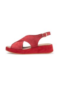 Red suede wedge sandals with a crisscross design, open toe, and adjustable ankle strap. Features a textured platform and smooth insole.