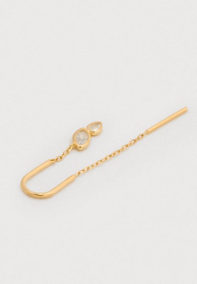 Goldener Ohrklemme mit Kette. Verziert mit zwei klaren Edelsteinen in Tropfen- und Ovalform. Glatte, glänzende Oberfläche mit filigraner Kettendetail.