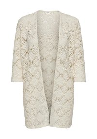 Cardigan in pizzo color crema con apertura frontale. Presenta intagli con motivi intricati e maniche a tre quarti, offrendo una consistenza leggera.