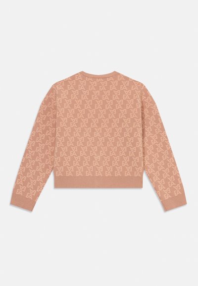 Maglione corto rosa con un motivo a logo ripetuto, polsini e orlo a coste, e scollatura rotonda. Morbida texture lavorata a maglia.