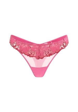Roze kanten string met bloemenborduursels op de tailleband, voorzien van een gladde, doorschijnende achterkant en zachte stof overal.