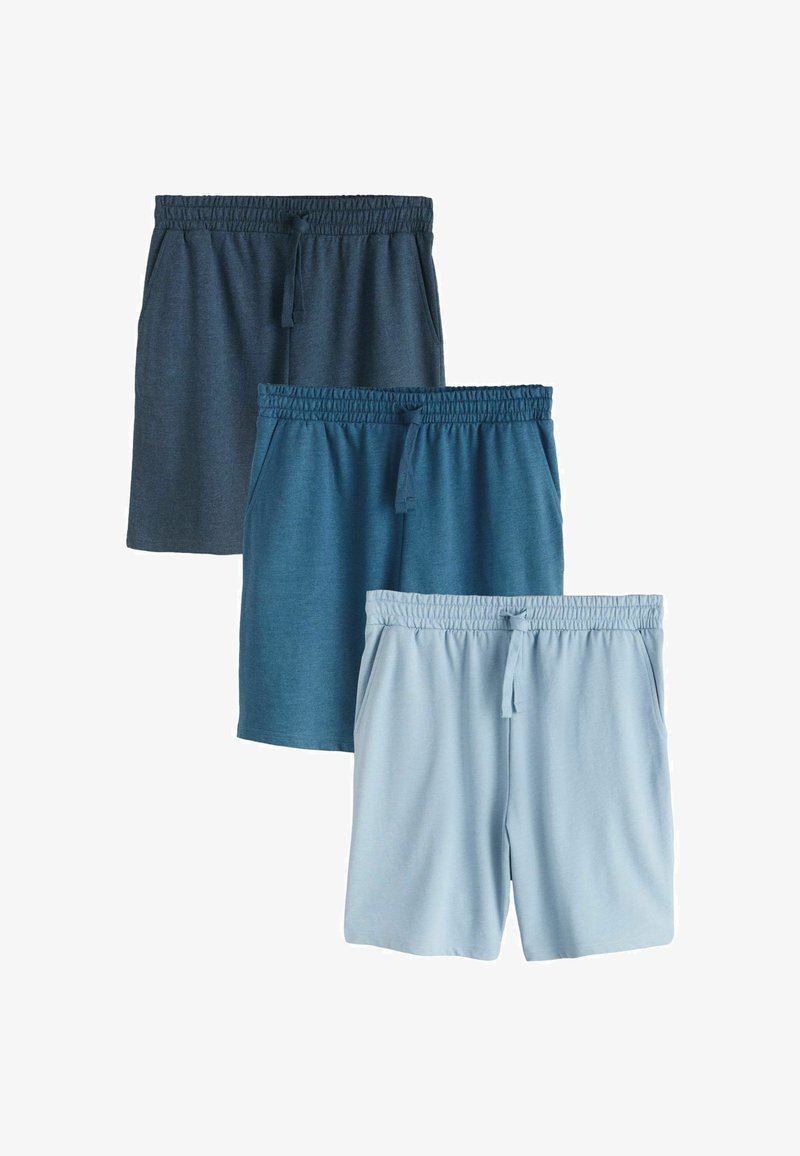 Tre paia di pantaloncini con vita elasticizzata: grigio scuro, verde acqua e azzurro chiaro. Ognuno ha un cordoncino e una texture del tessuto liscia.