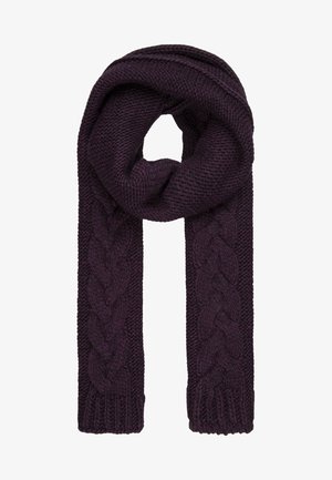 Écharpe tricotée violet foncé avec motif épais en câble torsadé et extrémités côtelées, pliée en boucle lâche.