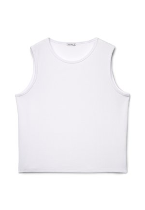 Weißes ärmelloses geripptes Crop-Top mit rundem Ausschnitt, aus weichem Stoff, flach auf weißem Hintergrund liegend.