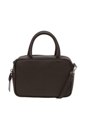 Ciemnobrązowa skórzana torebka z podwójnymi uchwytami, odpinanym paskiem na ramię oraz górnym zamkiem błyskawicznym.