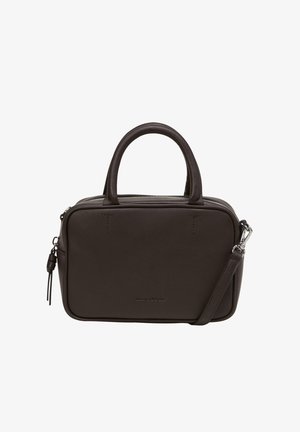 Dunkelbraune Ledertasche mit zwei Griffen, abnehmbarem Schulterriemen und Reißverschluss oben.