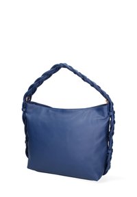 Blauwe leren schoudertas met een gevlochten handvat, voorzien van een gladde textuur en een ruime, ongecompliceerde hoofdtasopening.