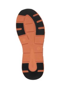 Shoe sole with a predominantly orange rubber base and textured black rubber accents. Features segmented patterns for traction.