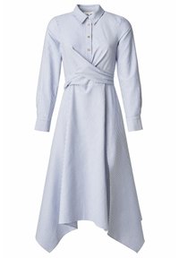 Vestido cruzado azul a rayas con mangas largas, cuello puntiagudo, cierre de botones y dobladillo asimétrico. Tejido suave de mezcla de algodón.