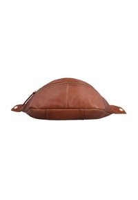 Braune Leder-Gürteltasche mit Reißverschluss und Druckknöpfen an beiden Enden, vor weißem Hintergrund gezeigt.