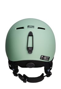 Groene matte skihelm met verstelbare band, ventilatieopeningen en een zwarte verstelbare draaiknop aan de achterkant voor het aanpassen van de pasvorm.