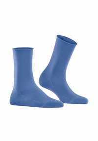 Blaue Baumwollsocken mit glatter Textur, in mittlerer Schafthöhe, verstärkter Zehen- und Fersenbereich. Leichtes Design, geeignet für den täglichen Gebrauch.