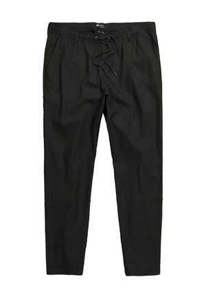 Czarne spodnie codzienne z elastycznym pasem i sznurkiem do regulacji, zwężane nogawki oraz boczne kieszenie.