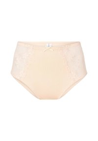 Højtaljede beige trusser med blomsterløsninger i siden, glat tekstur og en frontbue-detalje ved taljen.