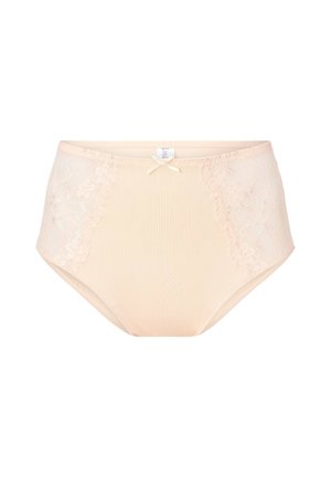 Hoch geschnittene beigen Panties mit seitlichen floralen Spitzenbesätzen, glatter Textur und einer Schleifendetail an der Taille.