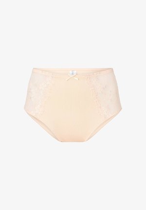 Bragas de talle alto color beige con paneles laterales de encaje floral, textura suave y un detalle de lazo en la cintura.