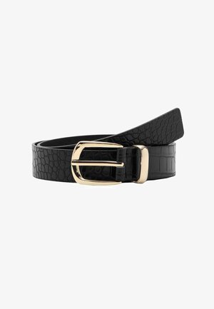 Schwarzer Ledergürtel mit Krokodilpräge, ausgestattet mit einer goldfarbenen Metallschließe und einer glatten Oberfläche. Vielseitiges Design, größenverstellbar.
