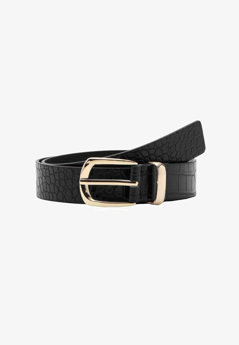 Cintura nera in pelle con motivo a coccodrillo, dotata di fibbia metallica dorata e finitura liscia. Design versatile, taglia regolabile.