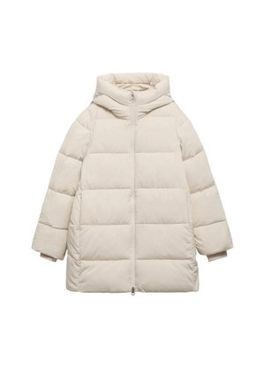 Veste matelassée beige clair avec capuche, manches longues, fermeture éclair à l'avant et texture matelassée. Présente une coupe décontractée et des panneaux cousus.
