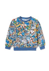 Dzieciowa bluza z długim rękawem z kolorowymi ilustracjami w morskim klimacie, w tym łodzi, muszli, kotwic, fal oraz morskich stworzeń na niebieskim wykończeniu.