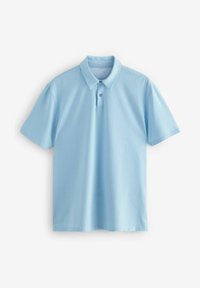 Ljusblå polo-shirt med en subtil geometrisk mönster, kort ärm och krage. Har två knappar vid kragen.