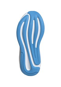 Suela de una zapatilla deportiva con un patrón ondulado. Predominantemente azul con detalles en blanco, textura suave y relieves para mayor agarre.