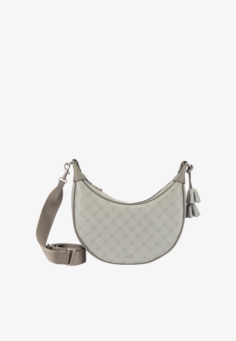 Sac à main gris clair en forme de croissant avec motif monogramme, bandoulière amovible, fermeture éclair à pampille et logo en métal "JOOP!" à l'avant.