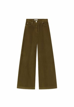 Pantaloni in corduroy a gamba larga verde oliva, con chiusura a pulsante e cerniera, tasche frontali e tessuto texturizzato.