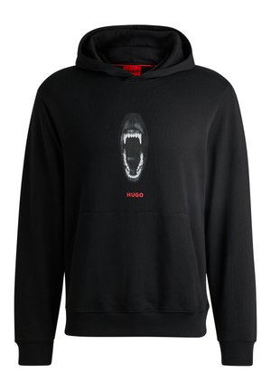 Sweat-shirt noir à capuche, avec un grand graphique d'une bouche ouverte sur le devant. Comprend une poche avant et des poignets côtelés.