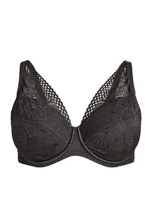 Reggiseno in pizzo nero con ferretto, motivi floreali e bordi scallop sulle spalline su sfondo bianco.