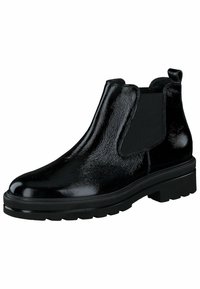 Bottines Chelsea noires en matériau brillant avec des panneaux élastiques sur les côtés, une semelle robuste et une tirette arrière pour un enfilage facile.