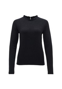 Schwarzes Langarmoberteil mit gerippter Textur und einem rüschierten Ausschnitt. Geschmeidige Passform mit minimalen Details, ideal zum Lagenlook.