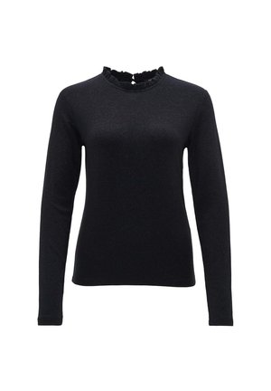Top nero a maniche lunghe con texture a coste e colletto a balze. Vestibilità morbida con dettagli minimi, ideale per essere indossato a strati.