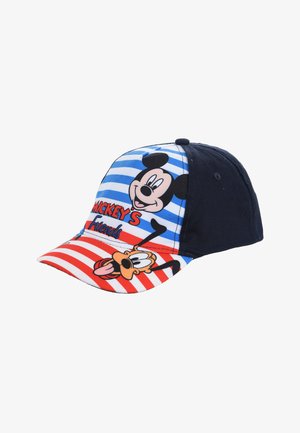 Gorra con Mickey Mouse y Pluto sobre un fondo a rayas azul y roja. Hecha de tela, con visera curvada y parte trasera ajustable.
