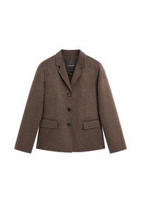 Brown wool blend blazer with structured lapel, three black buttons, front pockets, and long sleeves, featuring a tailored, slightly fitted shape.