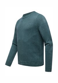 Gestrickter Rundhalsausschnitt-Pullover in Teal, mit einem strukturierten Muster und langen Ärmeln. Vollendet mit gerippten Bündchen und Saum.