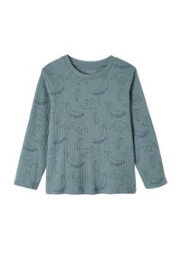 Children's long-sleeve ribbed teal shirt with navy line drawings of whales, polar bears, and penguins all over.