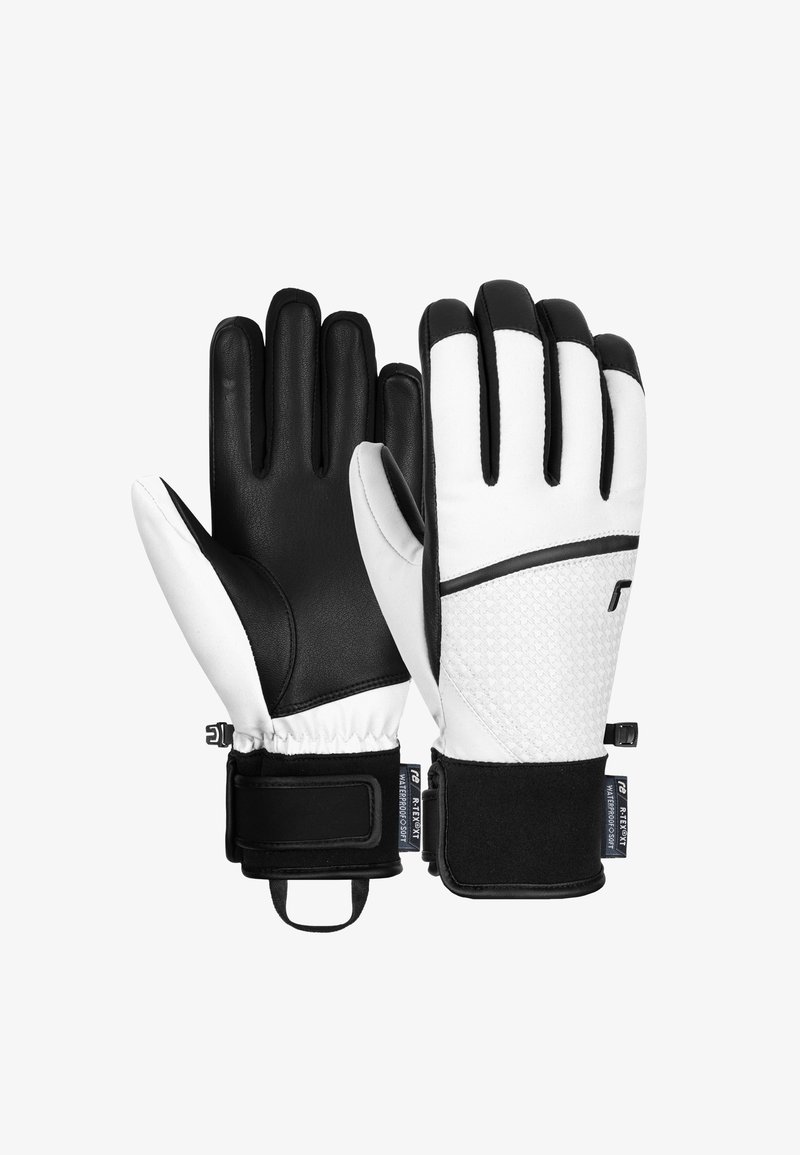 Schwarz-weiße Winterhandschuhe mit einer Lederhandfläche, strukturiertem weißen Stoffrücken, verstellbarem Bündchen und verstärkten Nähten.