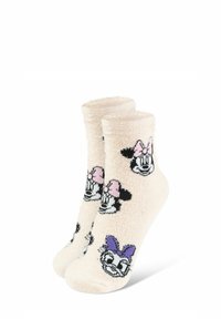 Calzini beige fuzzy con fantasie di Minnie Mouse e Paperina, decorati con fiocchi rosa e viola, di lunghezza corta alla caviglia, con una texture morbida.
