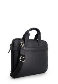 Sort læder laptop taske med dobbelt håndtag, aftagelig skulderrem, top lynlås lukning og slank, minimalistisk design.