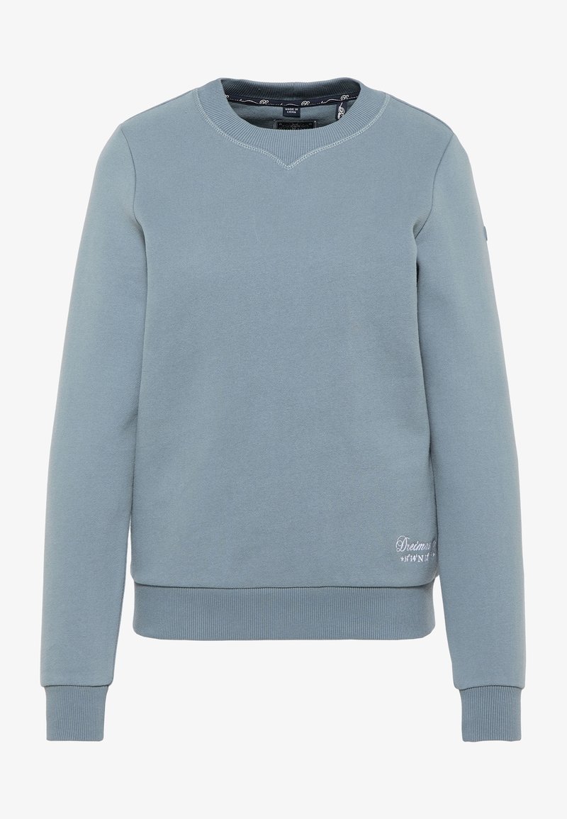 Sweat-shirt bleu clair à manches longues avec col rond, poignets et ourlet côtelés, petit texte de logo blanc près de l'ourlet inférieur droit.