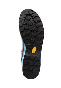Semelle de chaussure en caoutchouc noir avec des motifs de semelle, arborant un logo Vibram jaune. La semelle intermédiaire présente un accent bleu et un dessus gris. Surface texturée.