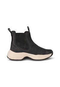 Botines negros brillantes con un diseño elegante, paneles laterales elásticos, lengüetas de agarre y una gruesa suela de goma beige para soporte y tracción.