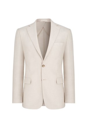 Jasnobeżowy żakiet z lnu z pojedynczym zapięciem na guzik, klapami w kształcie litery V, kieszenią na piersi oraz dwiema kieszeniami z przodu. Gładka tekstura.