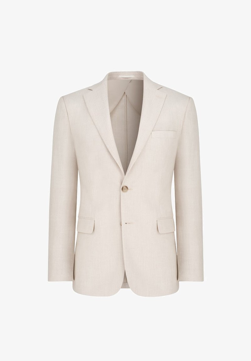 Jasnobeżowy żakiet z lnu z pojedynczym zapięciem na guzik, klapami w kształcie litery V, kieszenią na piersi oraz dwiema kieszeniami z przodu. Gładka tekstura.